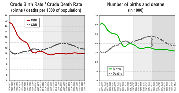 Europe: Crude birth and death rates, 1950-2100